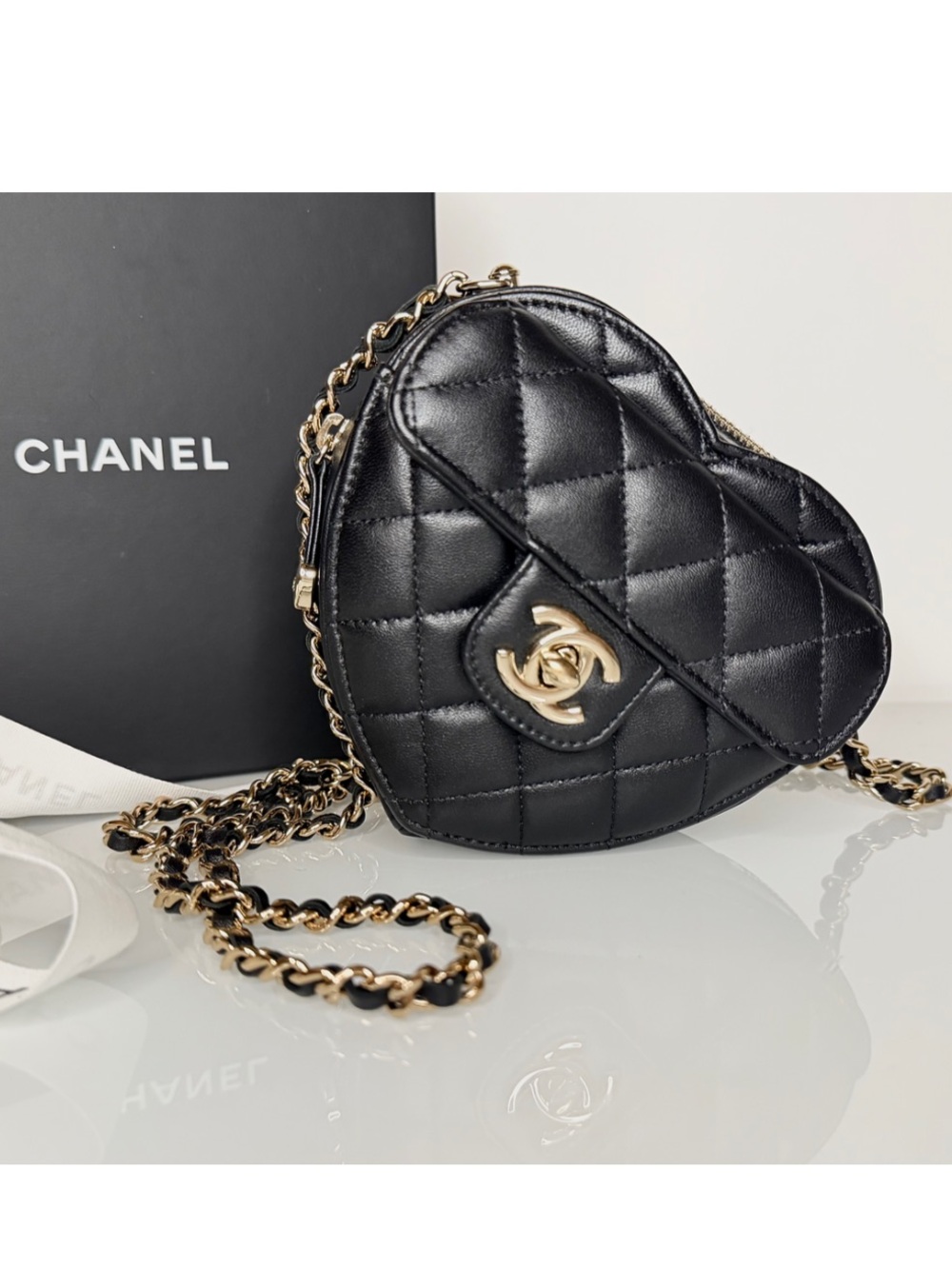 CHANEL Black Quilted Heart-Shaped Crossbody with Gold Hardware